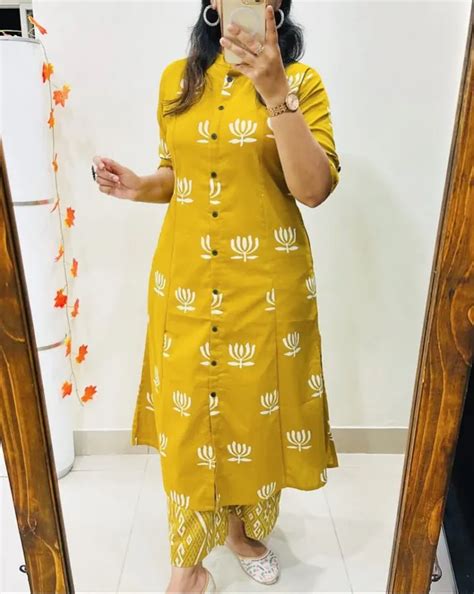Rameshwari A-Line Printed Yellow Cotton Co-erd set Price in India - Buy ...