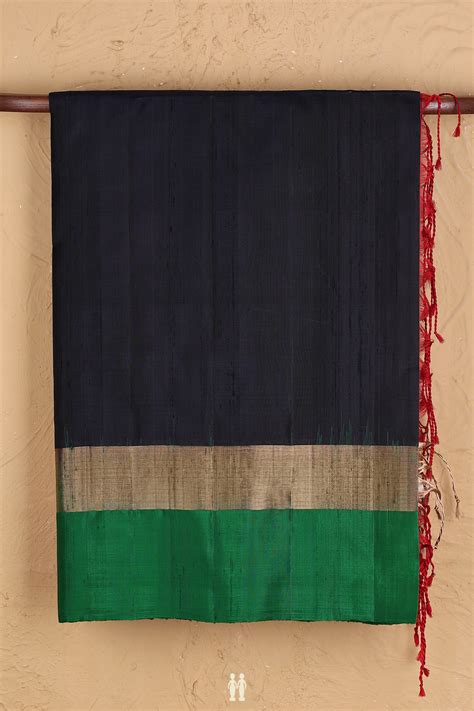 Raw Silk Saree In Dark Navy Blue With Ganga Jamuna Border