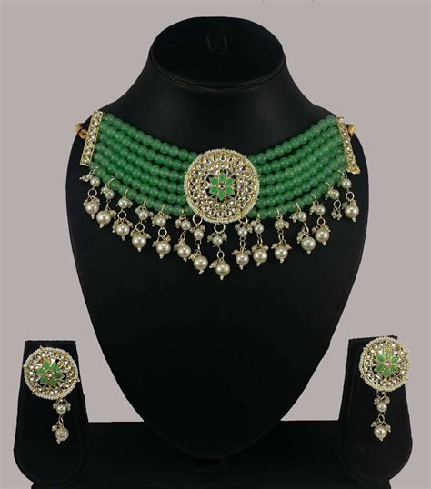 Green High Neck Choker Set with Pair of Earrings