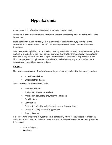 Hyperkalemia 111111 18 5 2022 - Hyperkalemia Hyperkalaemia is defined ...