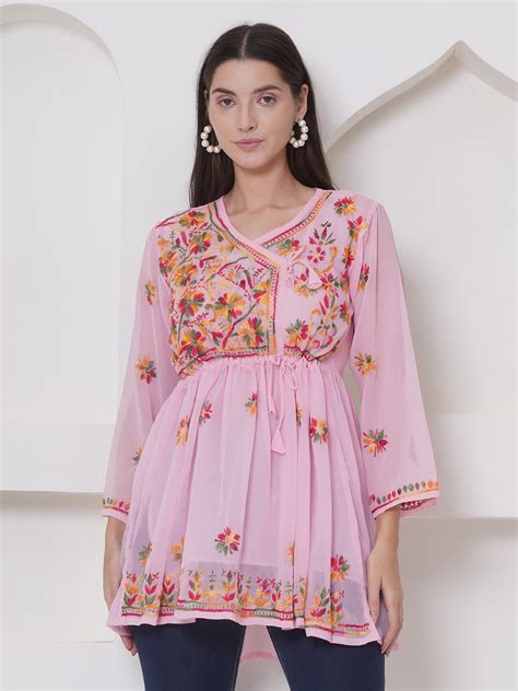 Pink Cotton Chikankari Short Top For Women By Saahiba | 70% OFF Today