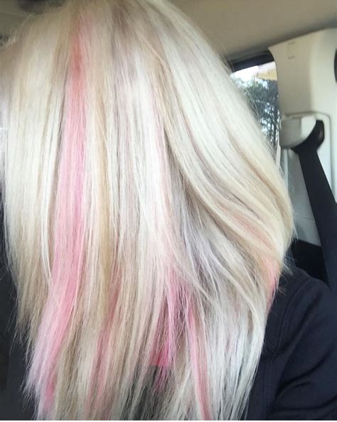Platinum blonde pink highlights Peek a boo hairstyle | Blonde hair with ...