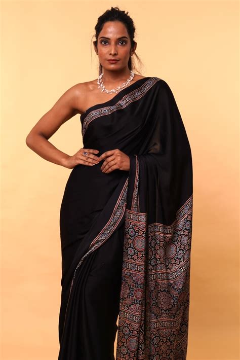 Simply Black Modal Silk Ajrakh Saree: House Of Elegance – House Of ...