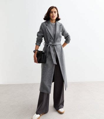 Grey Herringbone Unlined Long Belted Coat | New Look