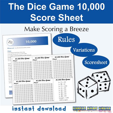 Printable Rules and Score Sheet for the Dice Game 10,000 for Easy ...