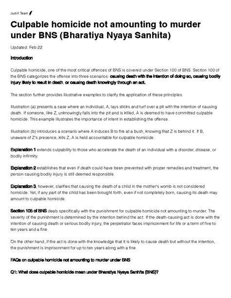 Culpable homicide not amounting to murder under BNS (Bharatiya Nyaya ...
