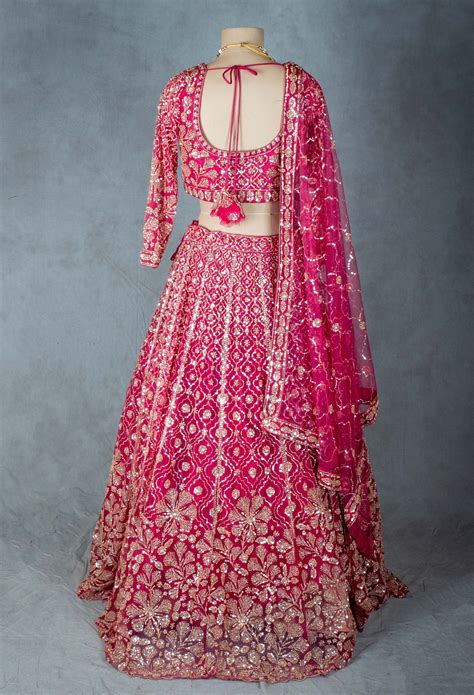 Hot Pink Designer Lehenga Set with Golden Zari and Sequin Work | Brida