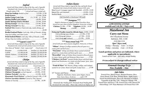 Hazelwood Inn menu in Baltimore, Maryland, USA