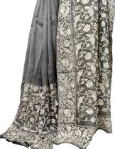 Grey Embroidered Parsi Gara Pure Organza Floral And Bird Design Saree ...