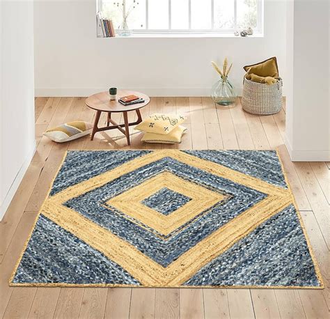 Hand Braided Blue Cotton Square Area Rug Natural Beige Jute Floor Decor Rug Living Room Carpet ...