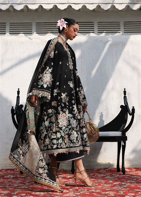 Black Pakistani Lawn Suit Floral Embroidered | Luxury Summer Eid Party ...
