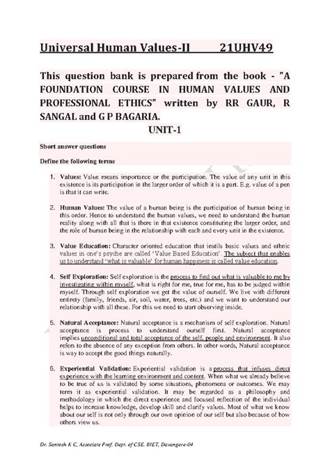 Uhv ii qbank unit1 - Universal Human Values-II 21UHV This question bank ...