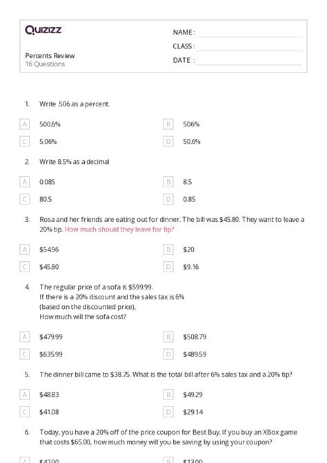 50+ Percents worksheets for 7th Class on Quizizz | Free & Printable
