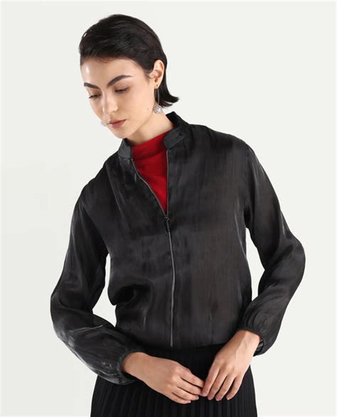 Rareism Women's Wals Black Mandarin Collar Plain Cuffed Sleeve Regular