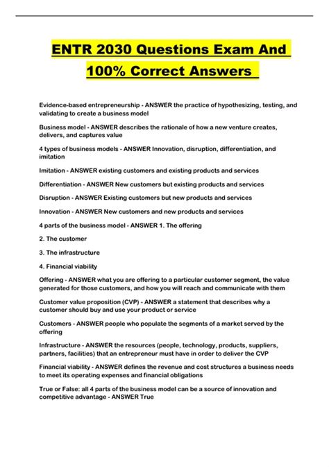 ENTR 2030 Questions Exam And 100% Correct Answers - ENTR 2030 - Stuvia US