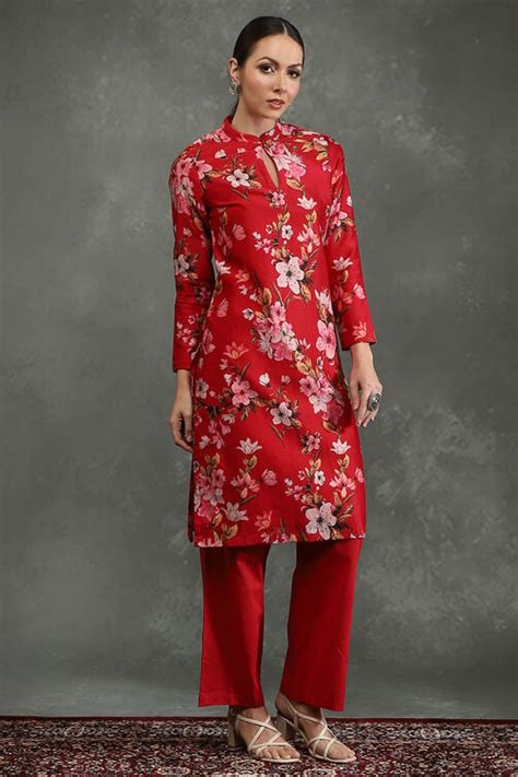 Rohit Bal Red Silk Chanderi Floral Printed Straight Kurta Set at Biba India