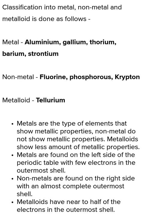 Define element with example classify it as metal, non metal and ...