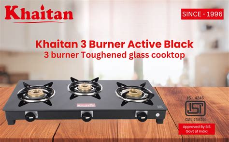 Khaitan 3 Burner Active Black Toughened Glass LPG Gas Cooktop, Manual ...