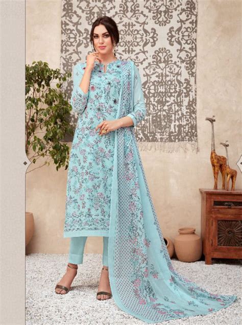Unstitched Blue Printed Cotton Suits With Kota Work – Stilento