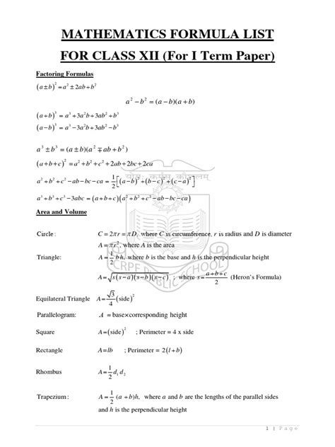 Image result for Maths Class 12th Formulas List State Syallabus PDF