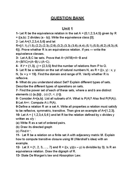Question Bank (DSTL): Equivalence Relations, Set Theory, and Graphs ...