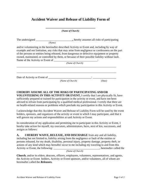 Accident Waiver and Release of Liability Form - Blank Fillable Template ...