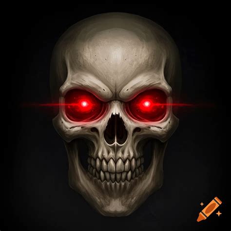 Illustration of a skull with glowing red eyes and light beams on a dark ...