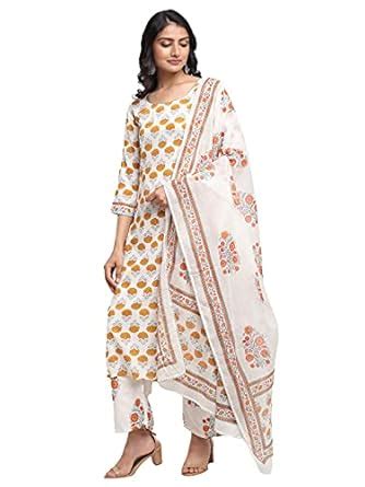 Buy GoSriKi Women's Cotton Printed Straight Kurta with Palazzo ...