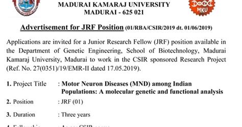 MKU Molecular Diagnosis/Genetic Diseases JRF Vacancy | MKU Recruits ...