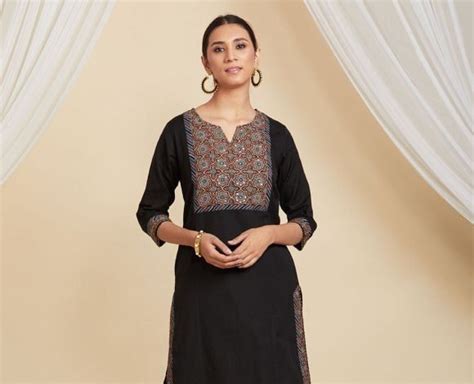 Black Ajrakh Hand Block Printed Cotton Zari Embroidered Kurta