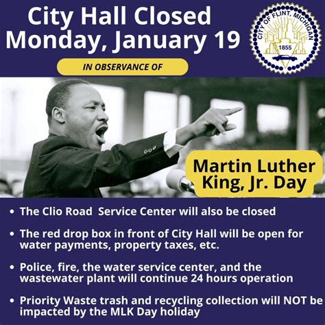 Flint City Hall, Clio Road Service Center, will be closed Monday, January 19, 2026 in observance ...