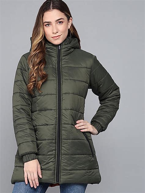 KOTTY Women Olive Nylon Full Sleeve Padded Puffer Jacket