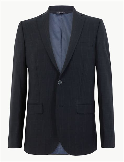 Buy Navy Checked Tailored Fit Jacket at Marks & Spencer