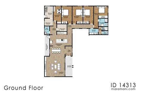 L-Shaped 4 Bedroom House - 1D 14313 - Floor plan by Maramani