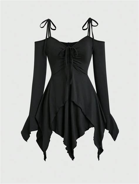 Flirla Women's Strappy Back Tie Front Ruched Bust Long Sleeve Black ...