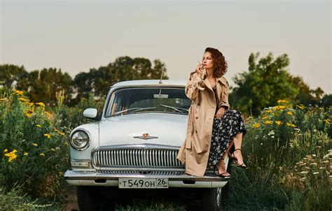 Wallpaper machine, auto, girl, nature, pose, cigarette, cloak, Volga ...