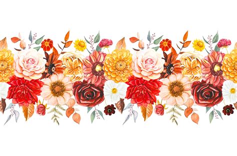 Seamless border with autumn flowers and leaves, watercolor 12773809 ...