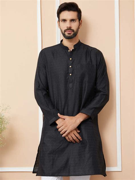 Ethnic Motifs Silk Jacquard Black Straight Kurta For Men – See Designs
