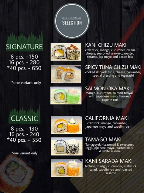 Menu at Bill's Ultimate Selection restaurant, Imus