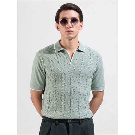 Buy The Indian Garage Co Men Green Self Design Polo T-shirt Online