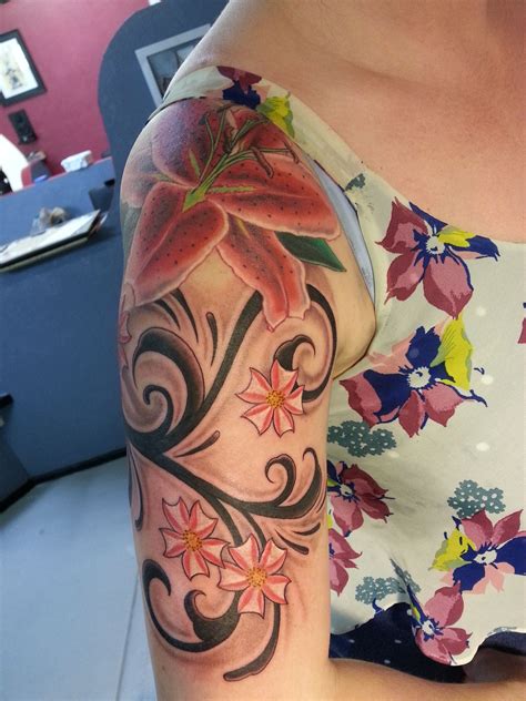 Stargazer lily and cherry blossoms