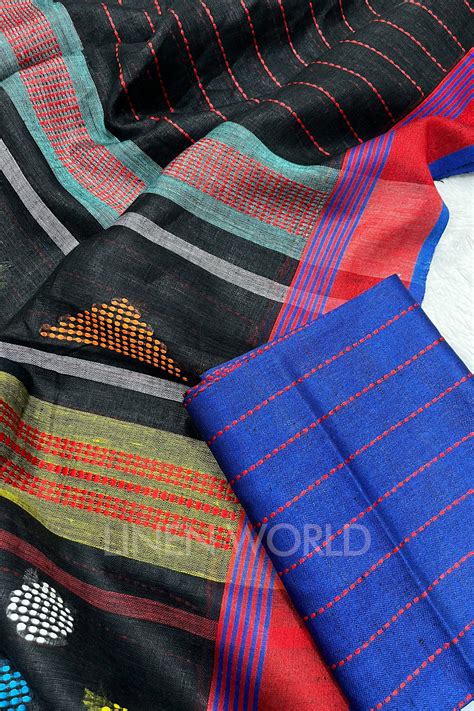 Deesha - Black Kantha Handloom Linen Saree | Linen World