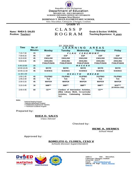 Image result for Sample of Teacher Class Program