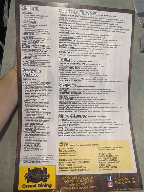 Menu at Galloway Casual Dining restaurant, Egg Harbor City, 245 W White ...