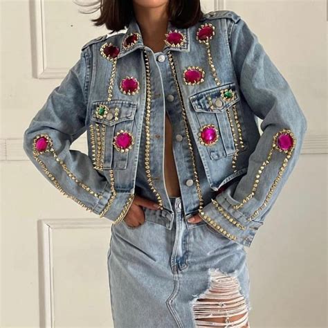 Embellished Denim Jacket with 3D stone Detailing – TrenBee