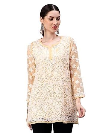 Seva Chikan Hand Embroidered Lucknowi Chikankari Beige Georgette Women ...