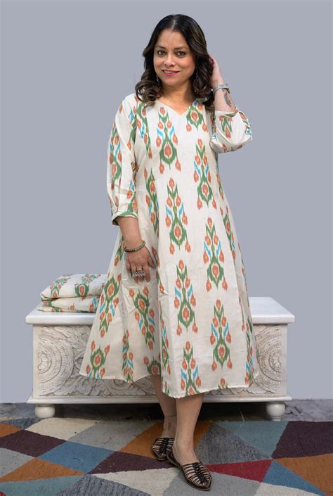 Designer Uzbek Ikat Calf-Length Dress with Lining and Pockets ...