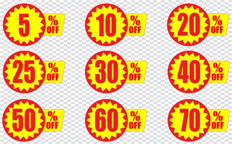 5, 10, 20, 25, 30, 40, 50, 60, 70, 80, 90 percentage off, Discount ...