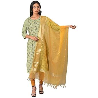 W for Woman Women Mustard Organza Drape With Zari Woven Border Dupatta ...