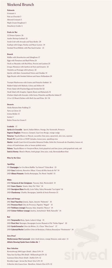 Le Crocodile menu in Brooklyn, New York, USA